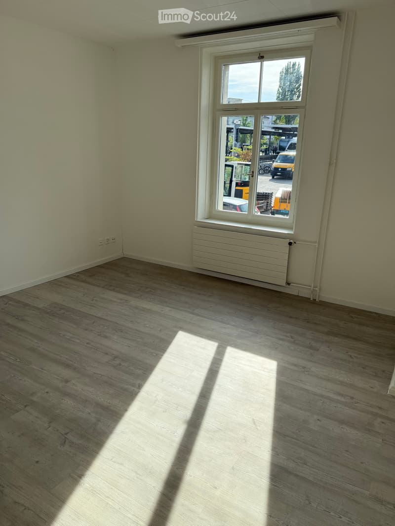 Empty room with light-colored wooden flooring, white walls, and a large window with a radiator below it. Sunlight streams in, casting shadows on the floor.