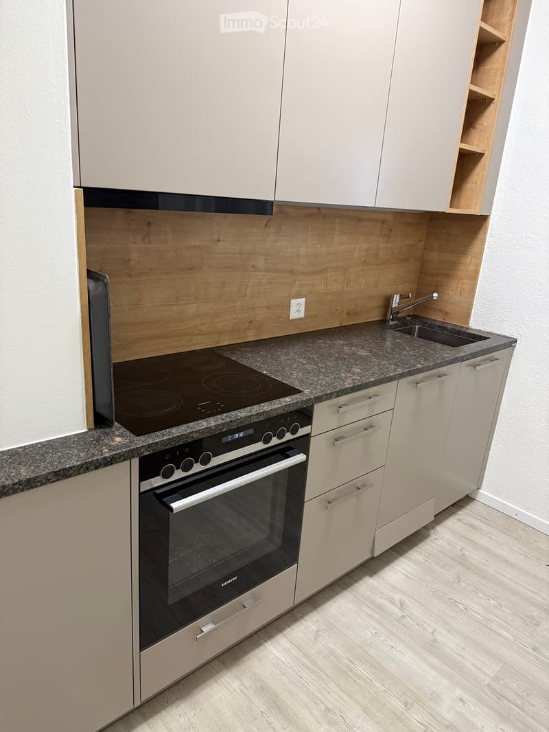 Modern kitchen with light-colored cabinets, granite countertop, induction cooktop, built-in oven, and a sink with a faucet.
