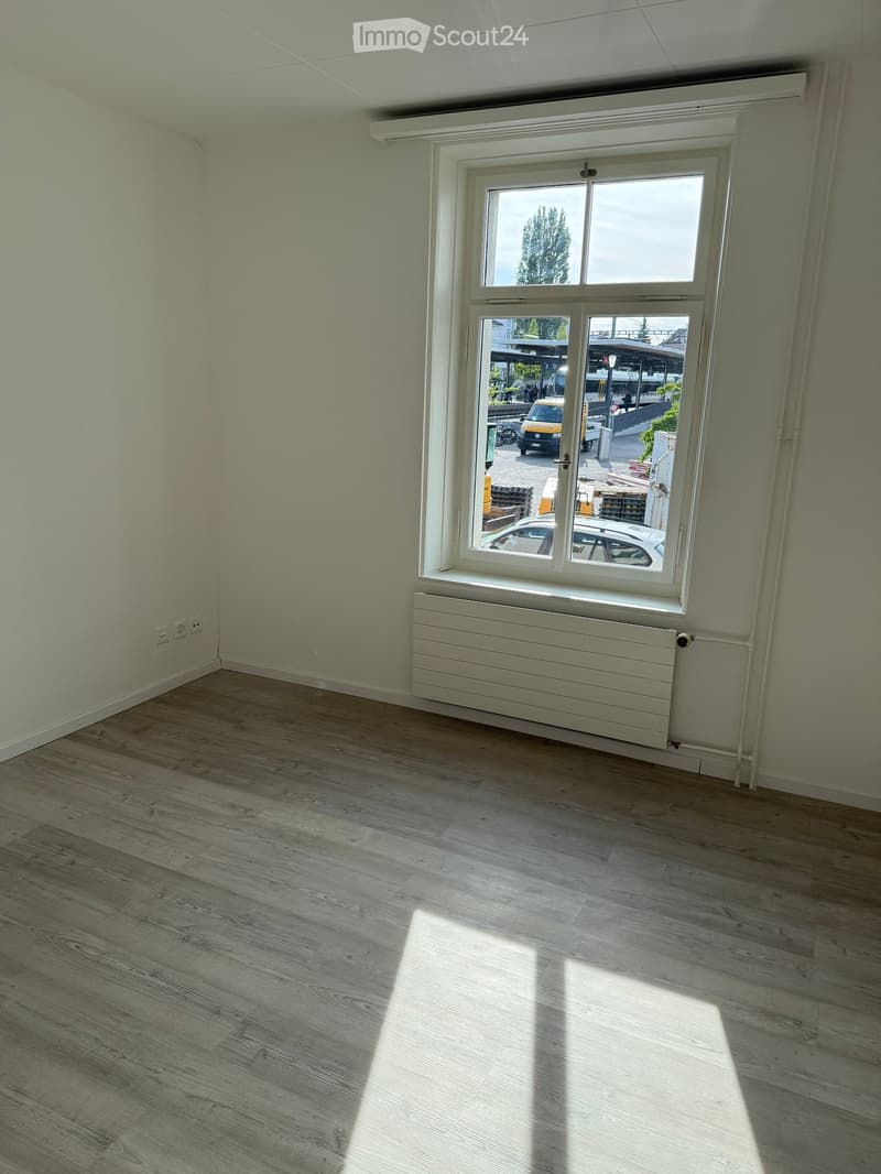 Empty room with light wooden flooring, white walls, and a large window with a radiator below it. The room is unfurnished and has natural light coming in.