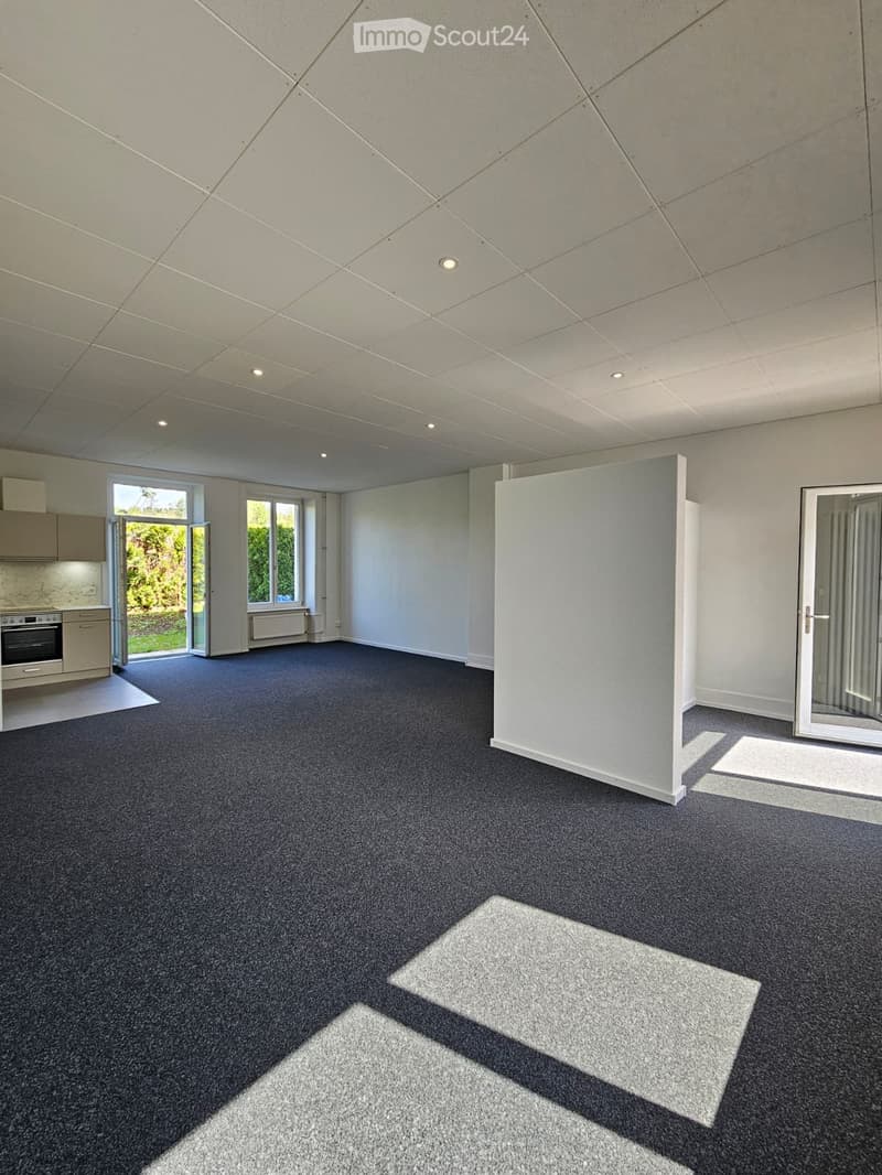 Empty room with grey carpet, white walls, and large windows. No furniture or equipment present.