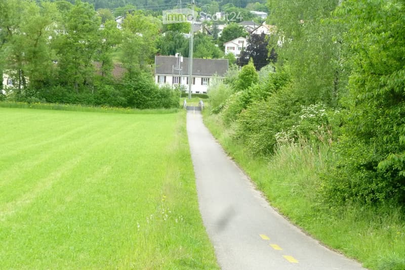 A wide, grassy field with a paved pathway leading towards a residential area with houses and trees in the background.