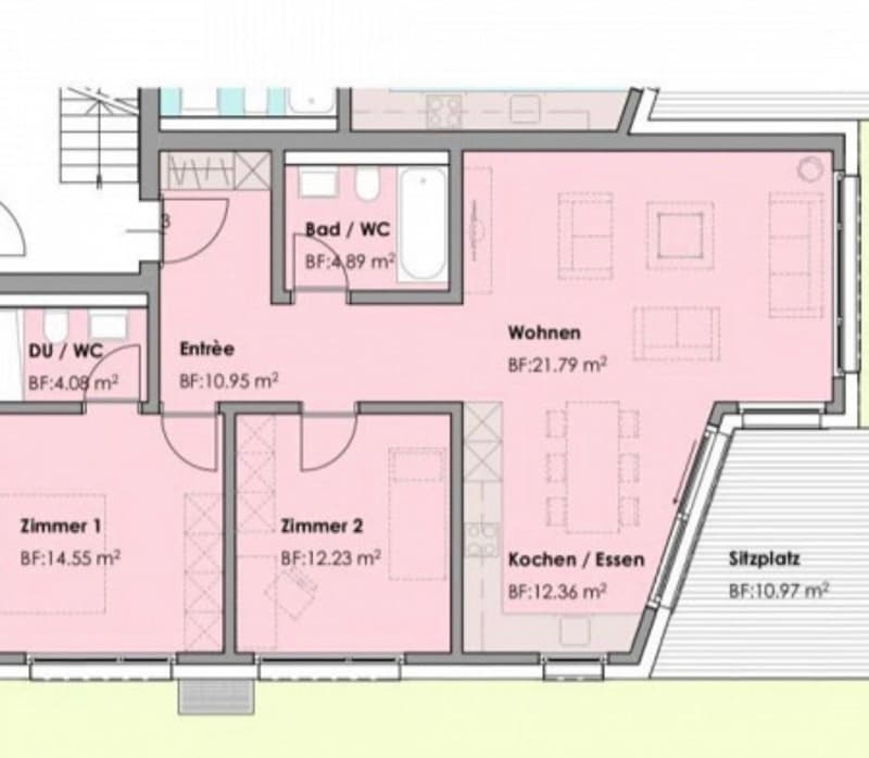 Floor plan of a residential space with labeled rooms including entrance, living area, kitchen/dining, two bedrooms, and bathrooms.