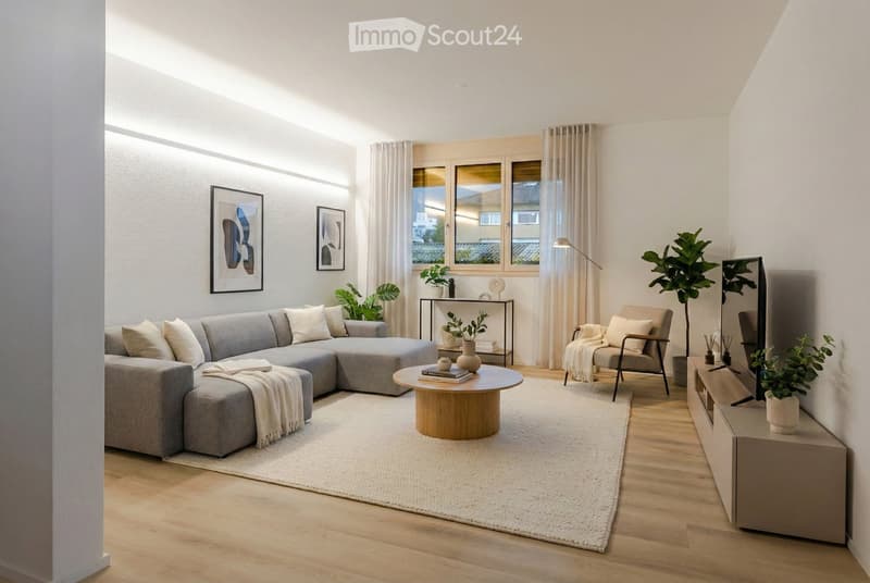 large grey sofa, round coffee table, TV unit, rug, plant, picture frames on the wall