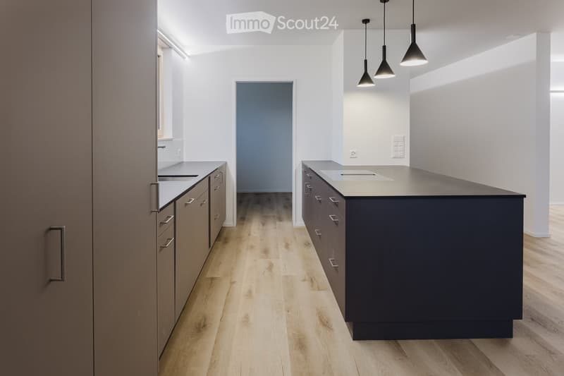 modern kitchen, island, pendant lamps, wooden floors, white walls, cabinets, countertops