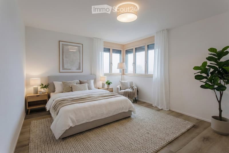 large bedroom with a double bed, white sheets, side tables, lamps, a painting, a chair, white curtains, a rug, and a potted plant