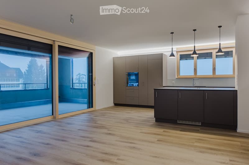 Open floor kitchen with balcony, glass doors, modern fixtures, central location