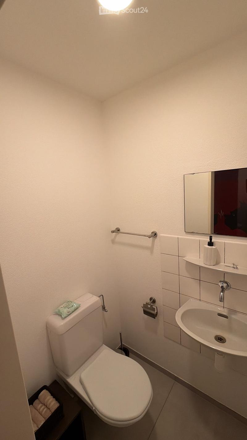 A compact bathroom with a toilet, sink, mirror, and towel rack. The sink has a modern faucet and a soap dispenser, and a small shelf holds a towel. A toilet paper holder is mounted on the wall next to the toilet.
