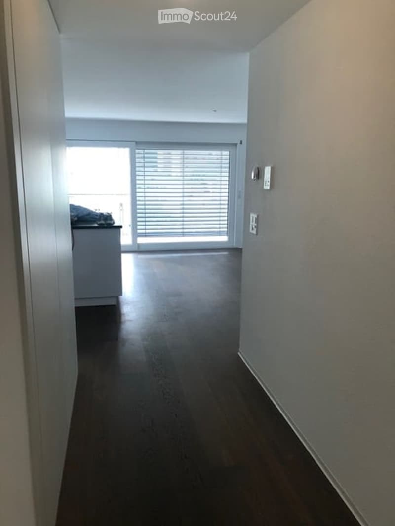 Empty hallway with dark hardwood flooring, white walls, and a large window with blinds at the end, leading to a small kitchen area.