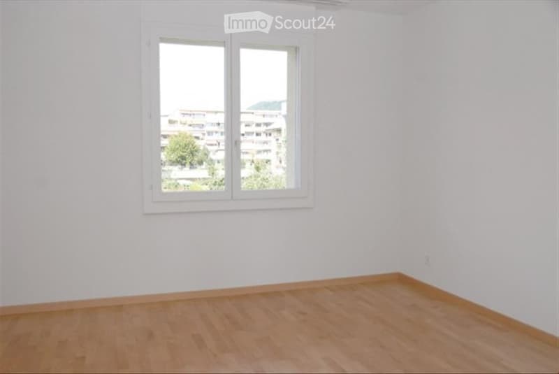 Empty room with white walls, wooden floor, and large window with white frame.
