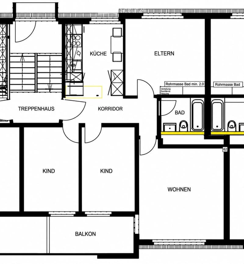 Floor plan showing a multi-room layout including a kitchen, two bedrooms, a bathroom, a hallway, a staircase, and a balcony.
