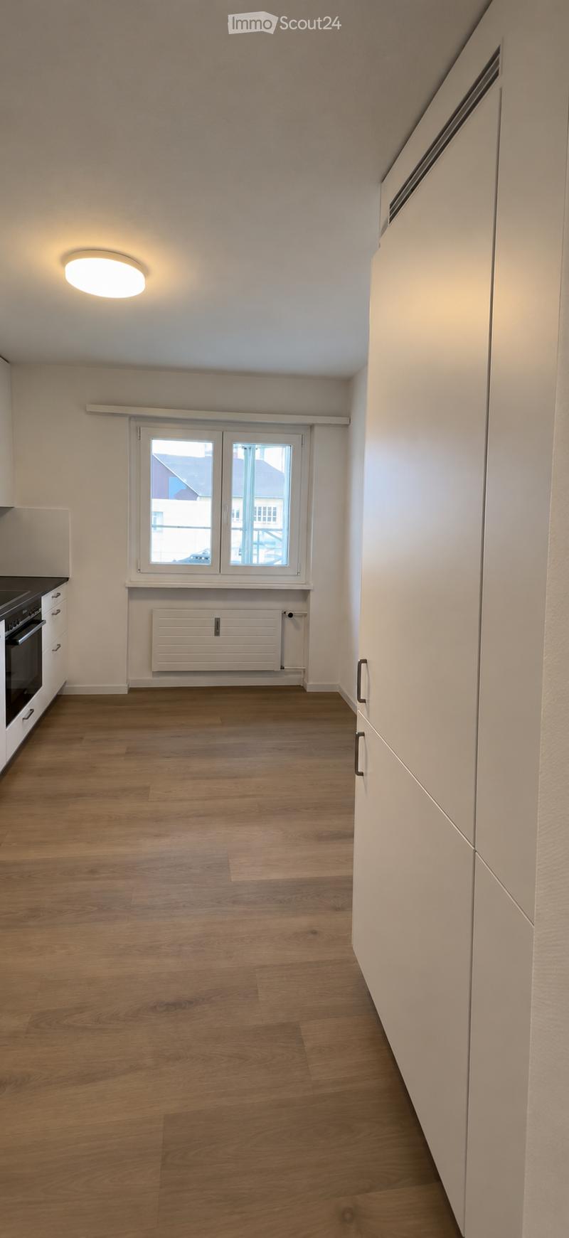 Empty room with light wooden flooring, white walls, and built-in cabinets. Features a large window with a view of the outside and a radiator below it.