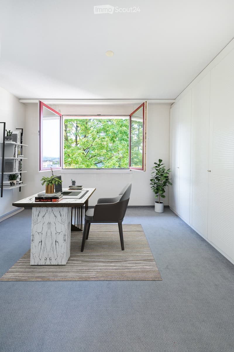 Modern office space with a marble desk, ergonomic chair, laptop, books, potted plants, and large windows with mirrored frames.