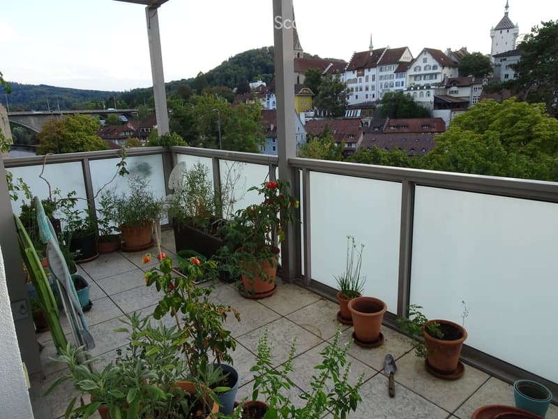 Balcony with potted plants, garden tools, and a scenic city view.
