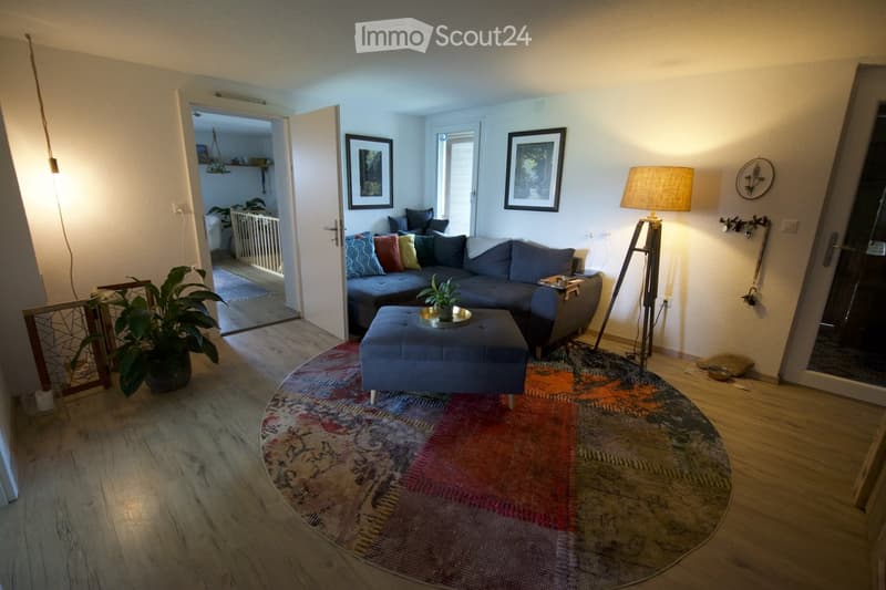 Modern living room with a grey sectional sofa, blue ottoman, round patterned rug, table lamp, and potted plants. The room features wooden flooring and white walls with framed artwork.