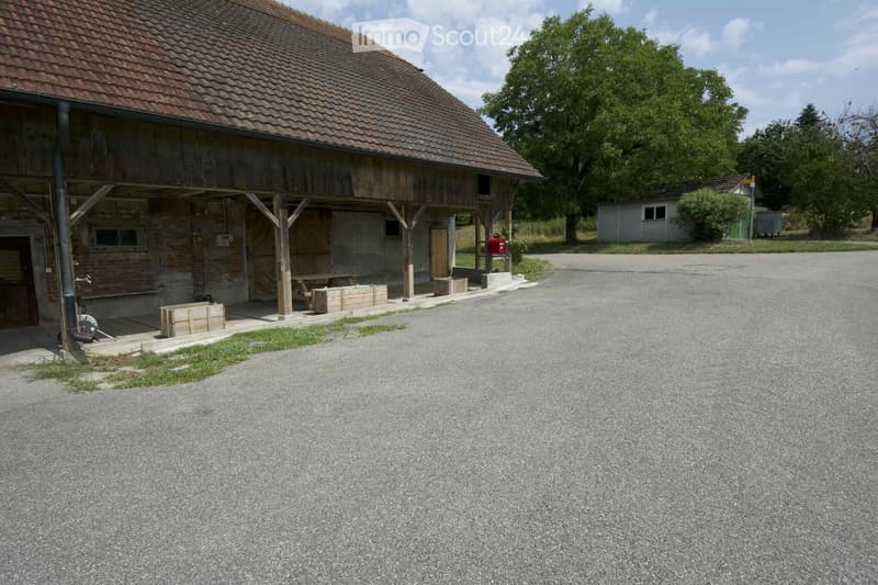 A rustic wooden barn with a tiled roof, a covered porch area, and a gravel driveway. The building has a mix of brick and wooden walls, with a small shed visible in the background.