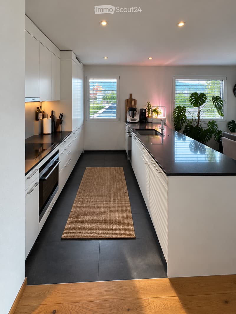 Modern kitchen with white cabinets, black countertops, stainless steel appliances, and a central island. Features include a sink, oven, blender, and decorative plants.