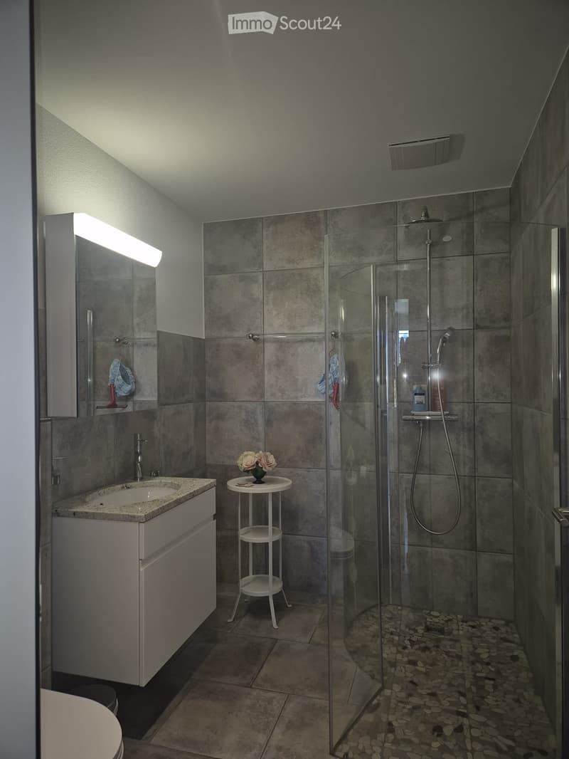 Modern bathroom with a glass-enclosed shower, granite sink, and a small round table with a flower arrangement.