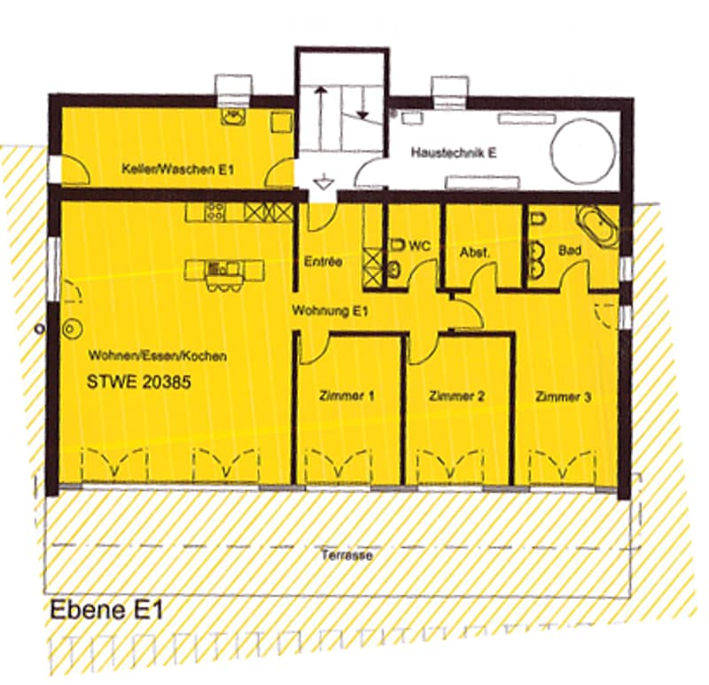Floor plan of a residential unit on level E1, featuring a living/dining/kitchen area, three bedrooms, a bathroom, a technical room, and a terrace.