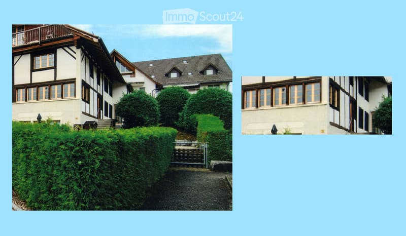 Two-story traditional Swiss house with white walls, dark wooden beams, multiple windows, and a well-maintained hedge in front.