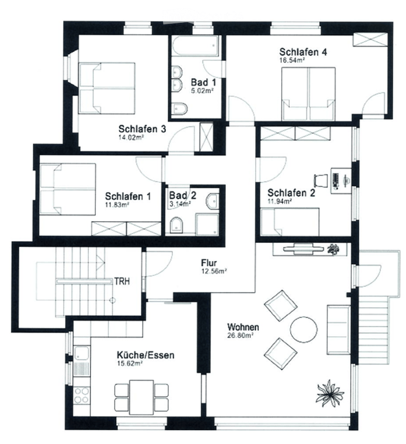 Floor plan of a house with four bedrooms, two bathrooms, a living room, a kitchen, and a hallway.