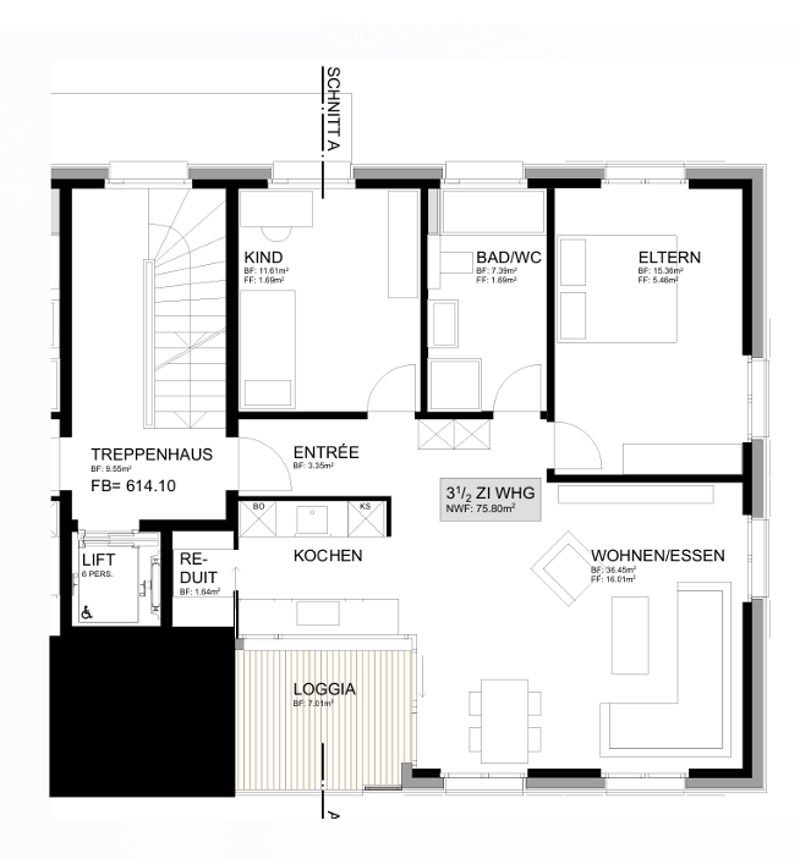 Floor plan of a multi-level residential unit with labeled rooms including entrance, kitchen, living/dining area, bedroom, bathroom, children's room, and loggia.
