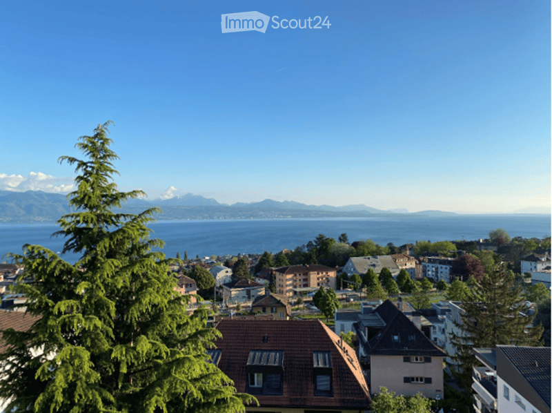 Panoramic view of a town with houses, a lake, and distant mountains under a clear blue sky.