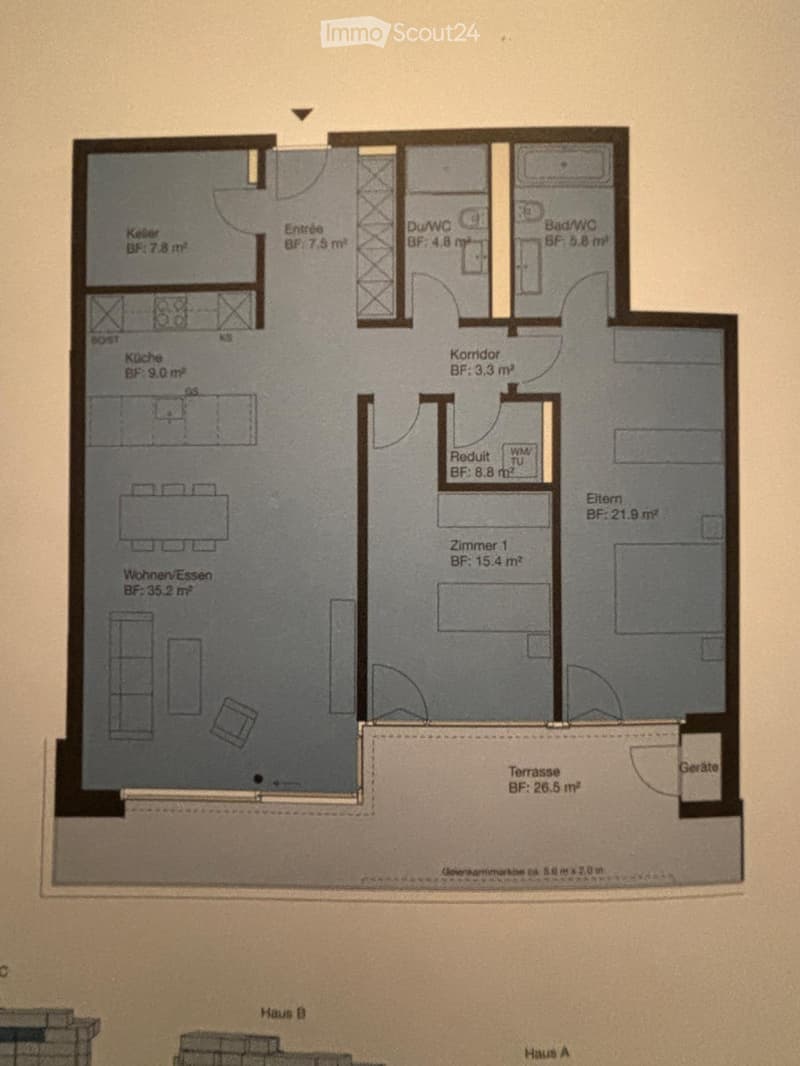 Floor plan showing kitchen, living/dining area, bedroom, bathroom, hallway, and terrace.