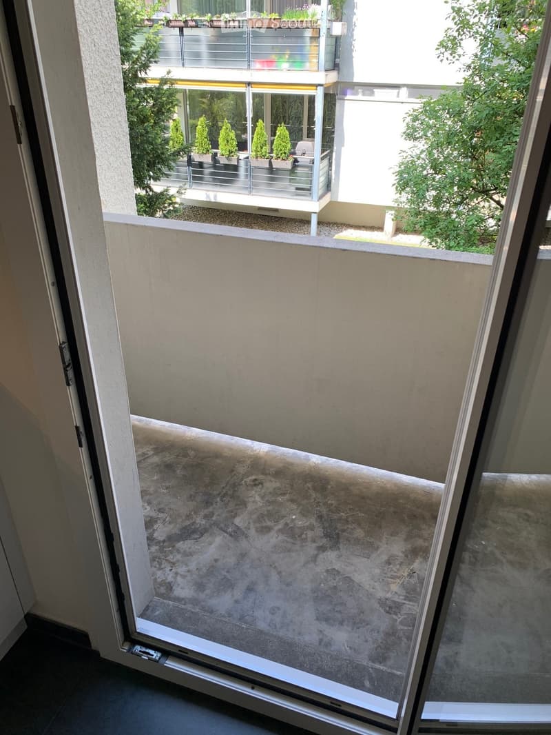 Balcony with concrete floor, glass railing, and view of neighboring building with potted plants and greenery.