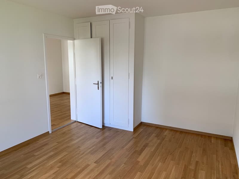 Empty room with light wooden flooring, white walls, and white sliding doors.