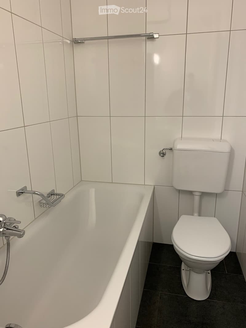 Modern bathroom with a white bathtub and toilet, white tiled walls, and dark tiled floor.