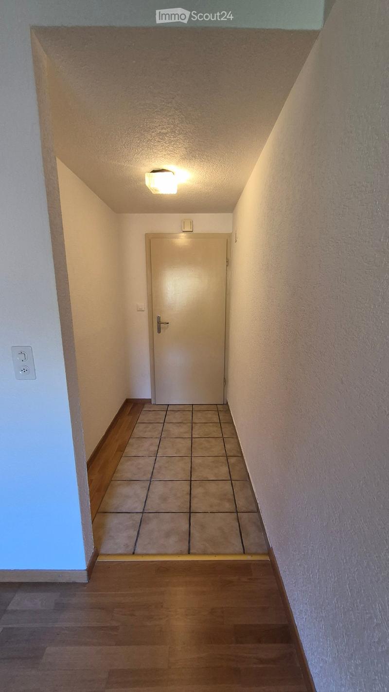 A narrow hallway with tiled floor, wooden staircase, and a closed door at the end.