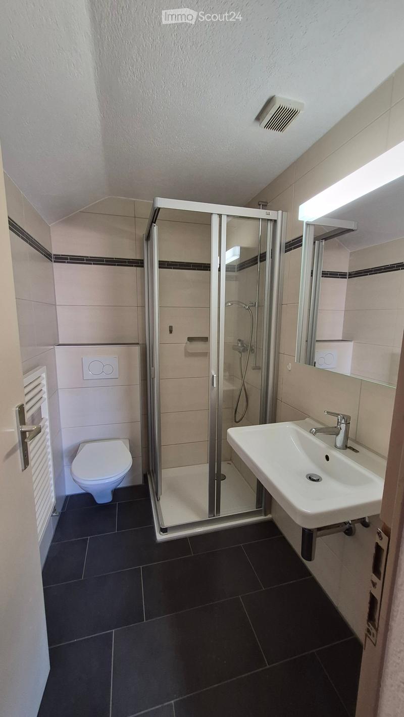 Modern bathroom with black tiled floor, white toilet, white sink with chrome faucet, and a glass-enclosed shower stall.