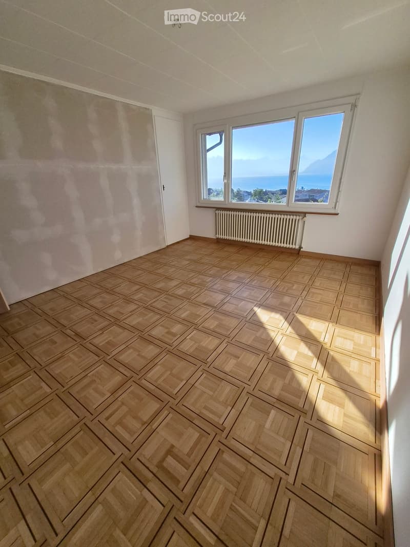 Empty room with wooden herringbone flooring, white walls, large windows with scenic view, and a radiator below the windows.