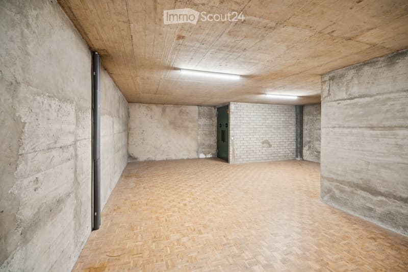An empty, minimalist room with exposed concrete walls and a wooden floor, featuring a single green door at the far end.