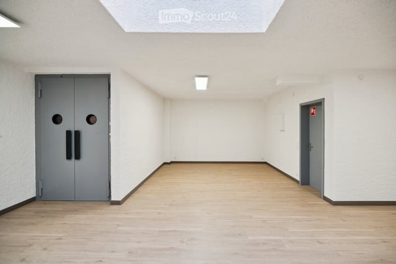 Empty hallway with light wooden flooring, white walls, and two grey doors, one with a peephole and the other marked as an emergency exit.