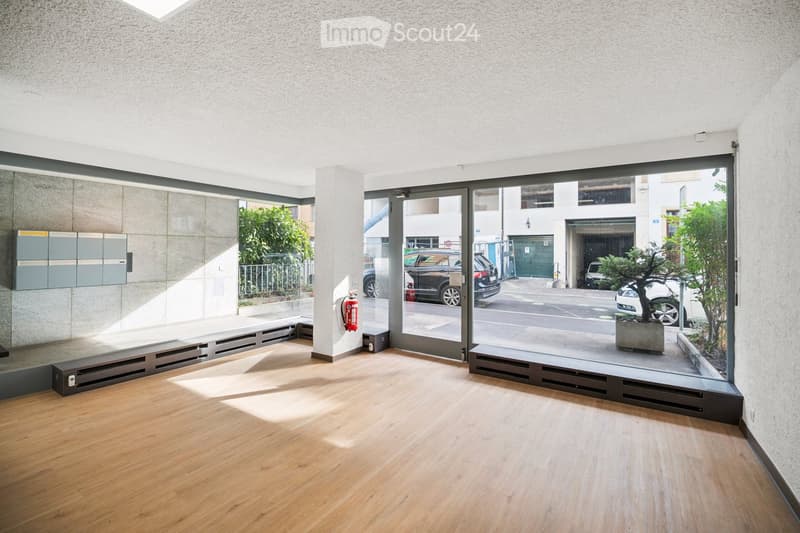 Bright, minimalist hallway with wooden flooring, large glass doors leading to an outdoor area, and modern architectural details.