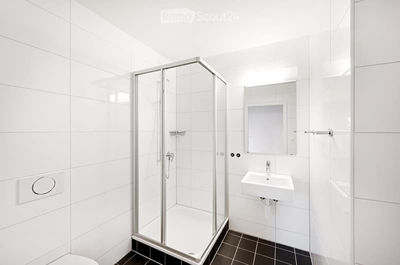 Modern bathroom with white tiles, a glass-enclosed shower stall, a white sink, and a mirror above it.