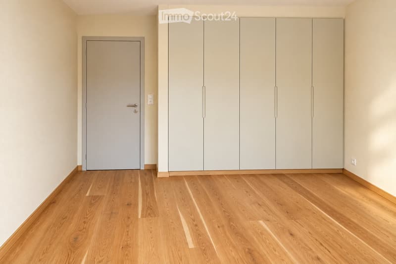 Empty room with light wooden flooring, white walls, a closed door, and built-in white cabinets.