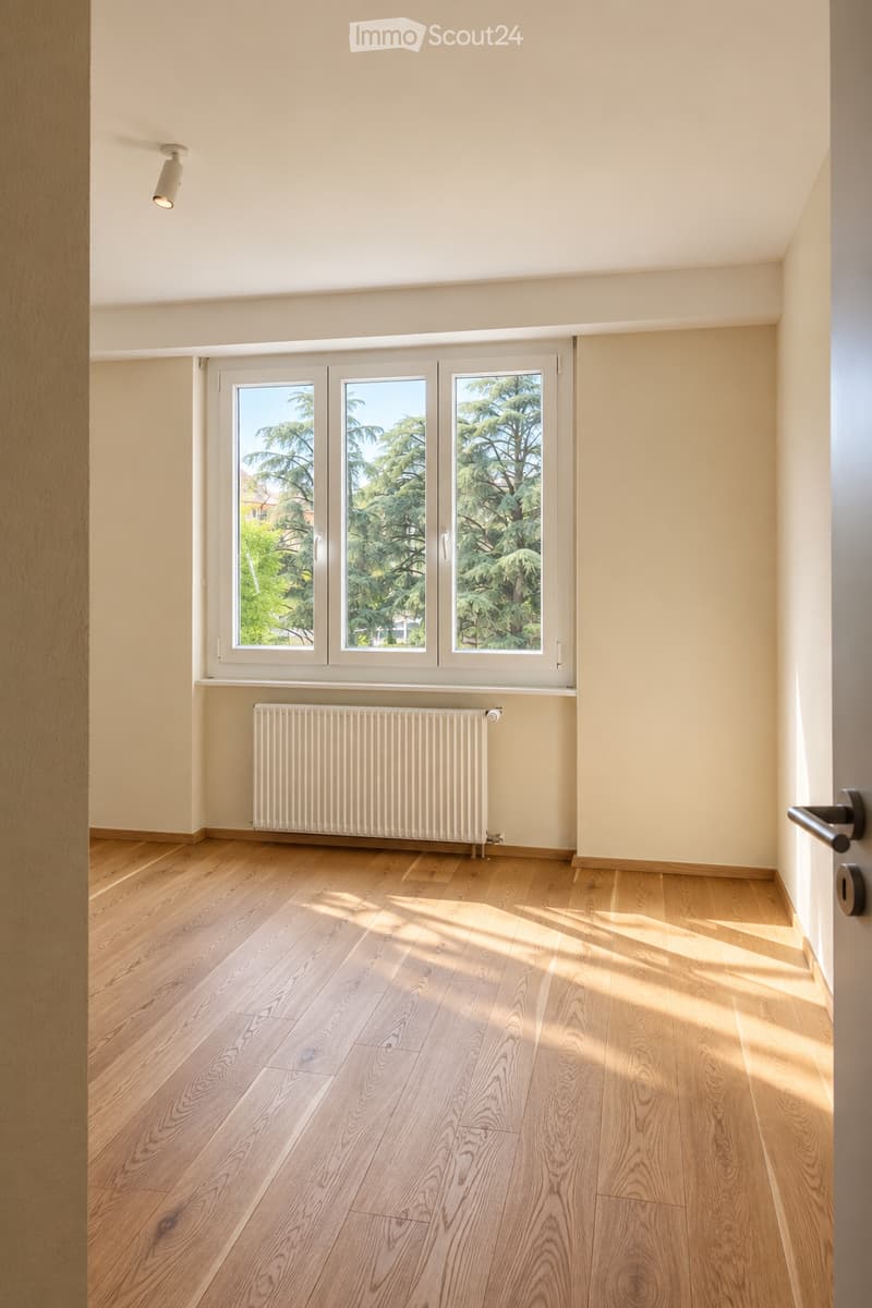 Empty room with light wooden flooring, white walls, large windows with white frames, radiator, and a single ceiling light fixture.