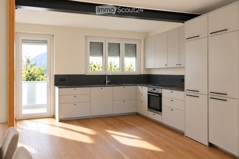 Modern kitchen with white cabinets, wooden flooring, and a black countertop. Features a sink, faucet, and built-in oven.