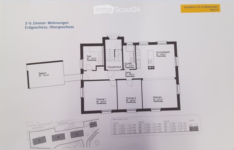 Floor plan of a 3.5-room apartment on the ground and upper floors, including a living room, two bedrooms, a bathroom, a kitchen/dining area, a hallway, a staircase, and a balcony.
