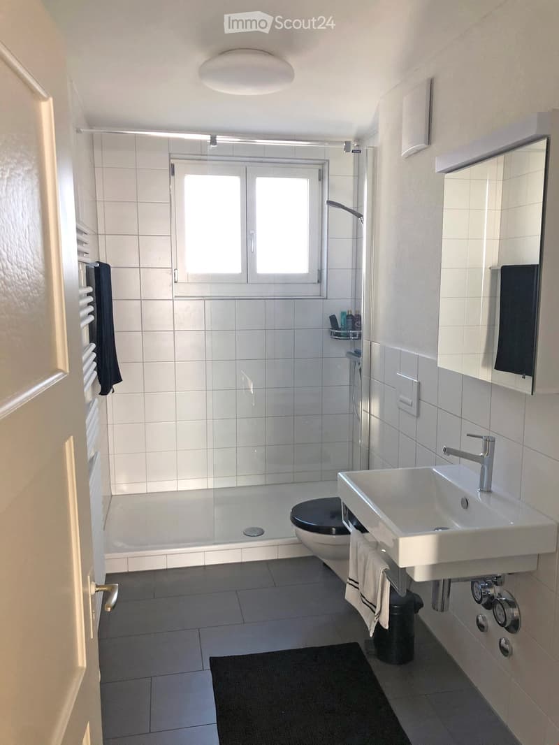 Modern bathroom with white tiles, a sink with a modern faucet, a toilet, a shower with a glass enclosure, a mirror, and a towel rack with a towel.