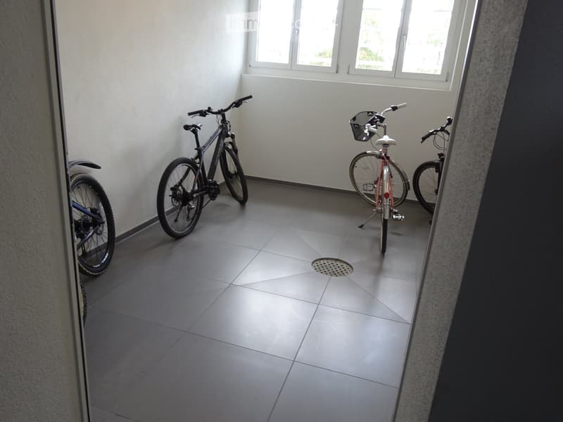 Empty room with tiled floor, white walls, and three windows, containing three bicycles.