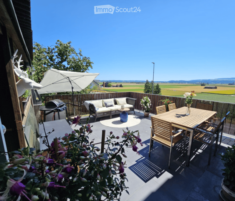 A well-maintained patio area with a dining set, sofa, umbrella, and potted plants, overlooking a scenic countryside view.