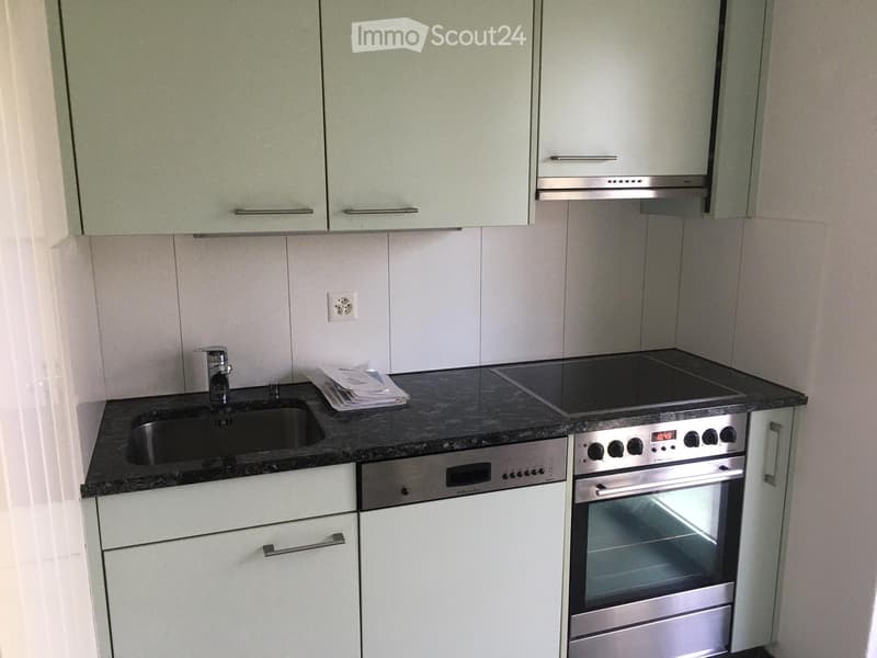 Modern kitchen with light green cabinets, stainless steel appliances, granite countertop, and a sink with a faucet.