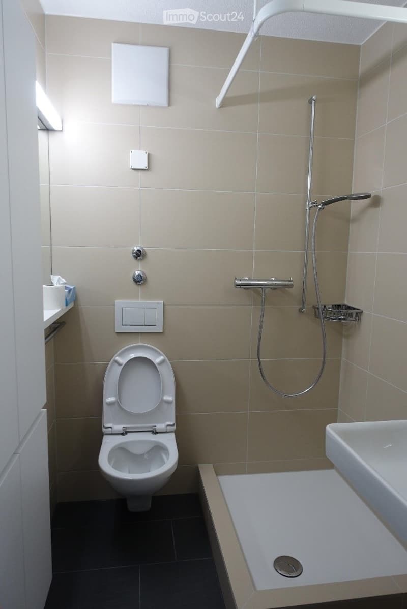 Modern bathroom with beige tiled walls, black floor tiles, a toilet, a shower with a handheld sprayer, a sink, and a shower rack.