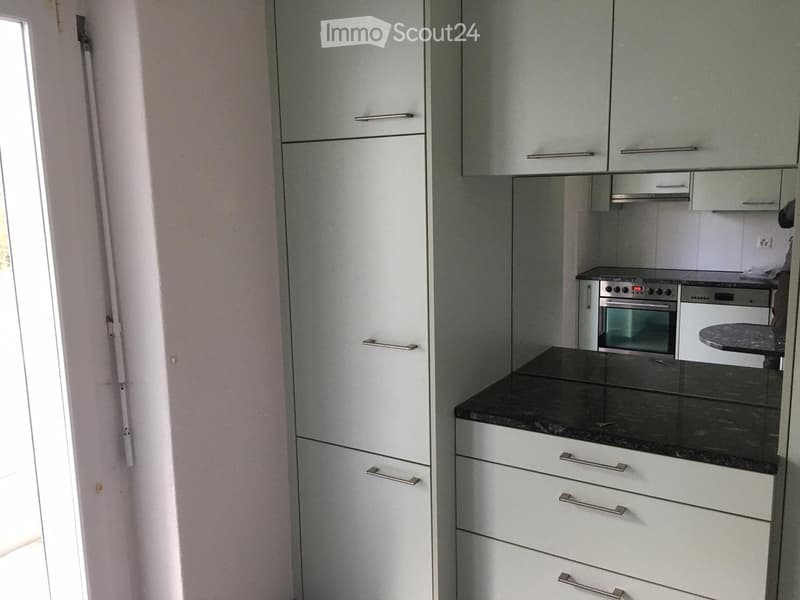 Modern kitchen with white cabinets, black countertop, and built-in oven.