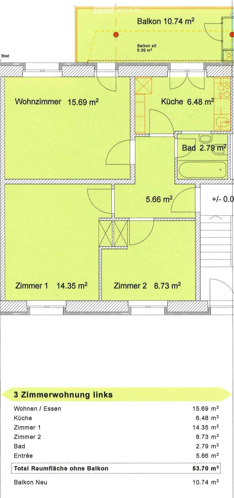 Floor plan of a 3-room apartment with living/dining area, kitchen, two bedrooms, bathroom, entrance, and balcony.