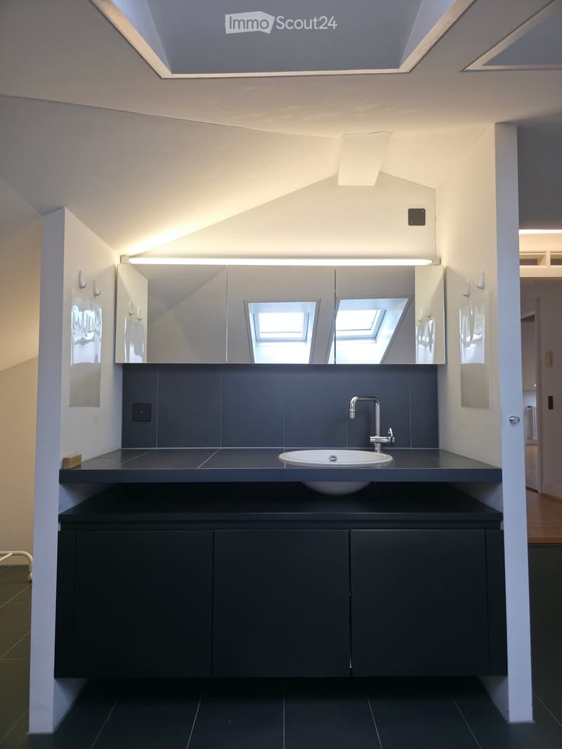 Modern bathroom with a sleek black countertop, white sink, chrome faucet, mirrored cabinet, and built-in storage. The space features recessed lighting and a skylight window above the sink.