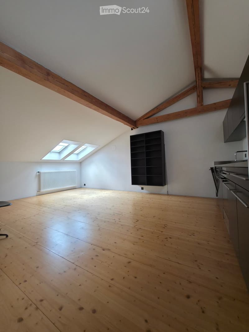 Empty attic room with wooden floor, exposed wooden beams, skylights, radiator, and built-in shelving unit.